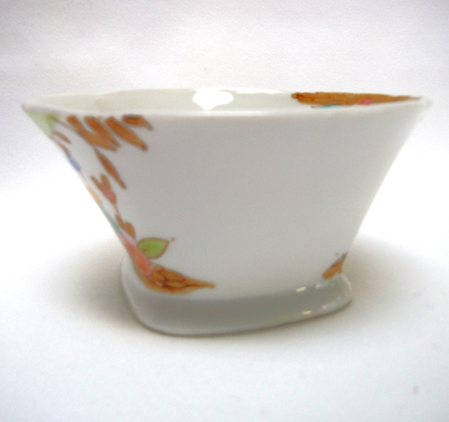 SMALL ANTIQUE SQUARE BOWL FROM JAPAN: 'Hand-Painted Blue and Yellow Flowers'