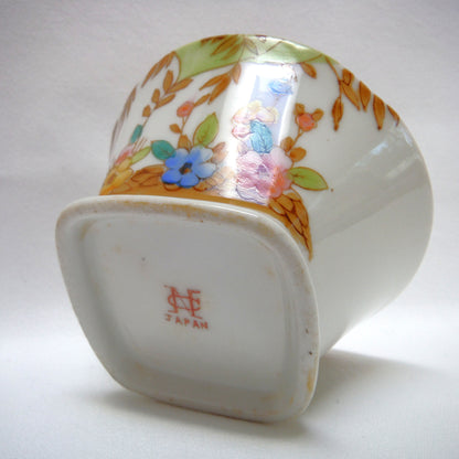 SMALL ANTIQUE SQUARE BOWL FROM JAPAN: 'Hand-Painted Blue and Yellow Flowers'