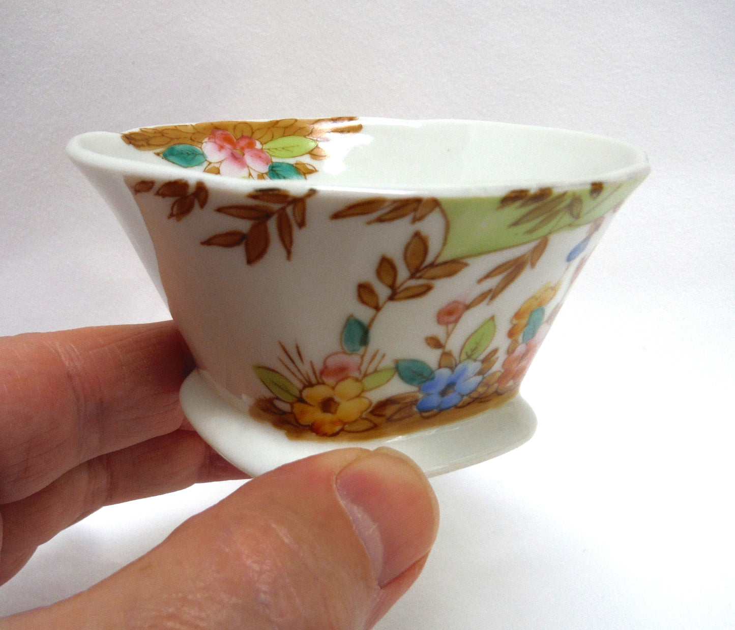 SMALL ANTIQUE SQUARE BOWL FROM JAPAN: 'Hand-Painted Blue and Yellow Flowers'