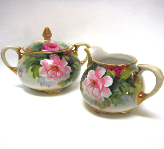 Antique Cream and Covered Sugar Bowl by Nippon of Japan: " THE PINK FLOWERS COLLECTION"