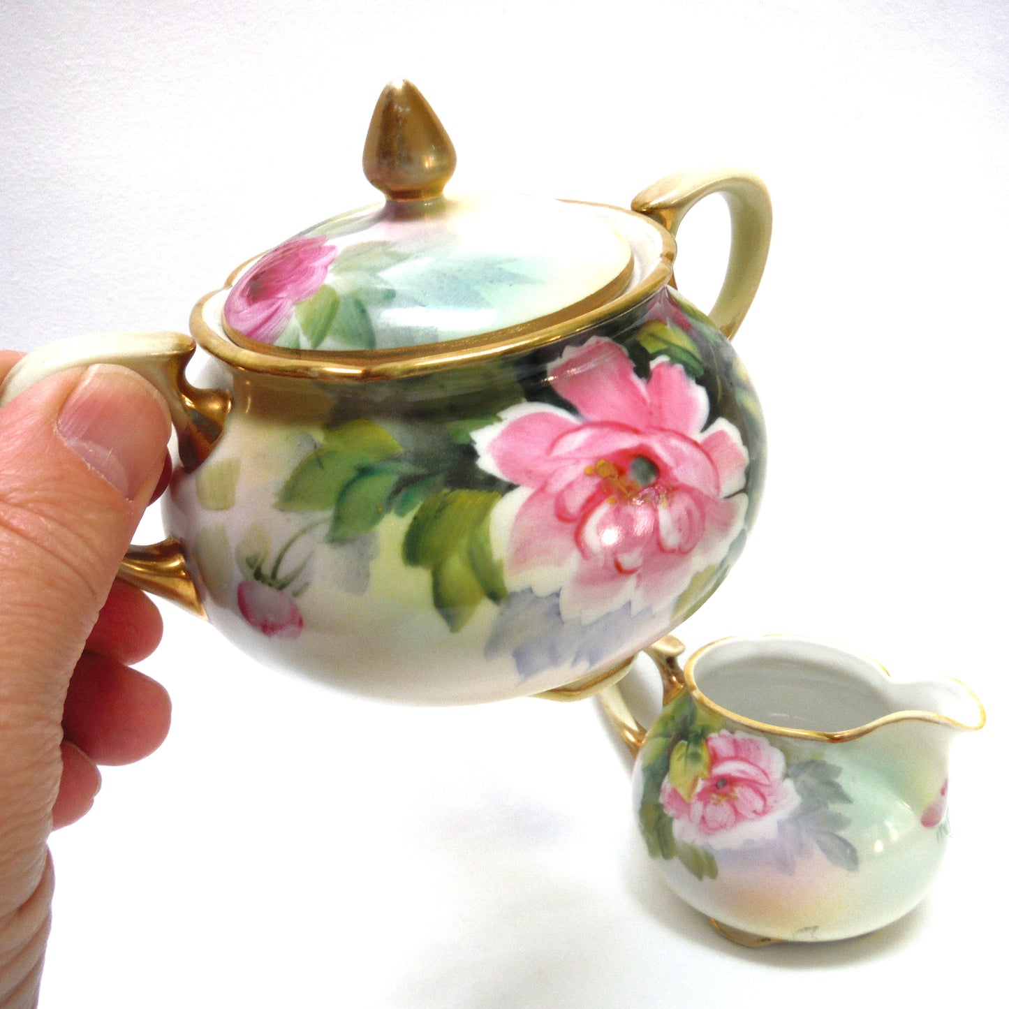 Antique Cream and Covered Sugar Bowl by Nippon of Japan: " THE PINK FLOWERS COLLECTION"