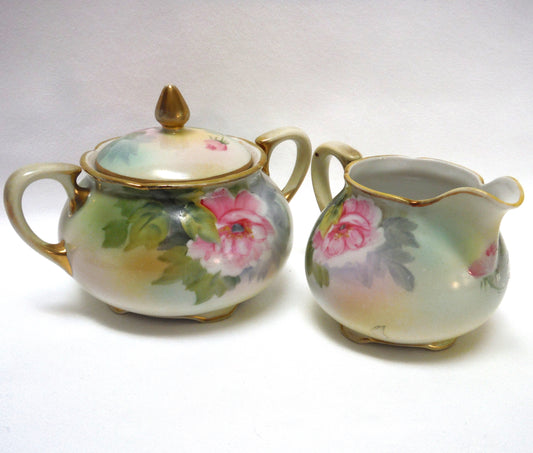 Antique Cream and Covered Sugar Bowl by Nippon of Japan: " THE PINK FLOWERS COLLECTION"