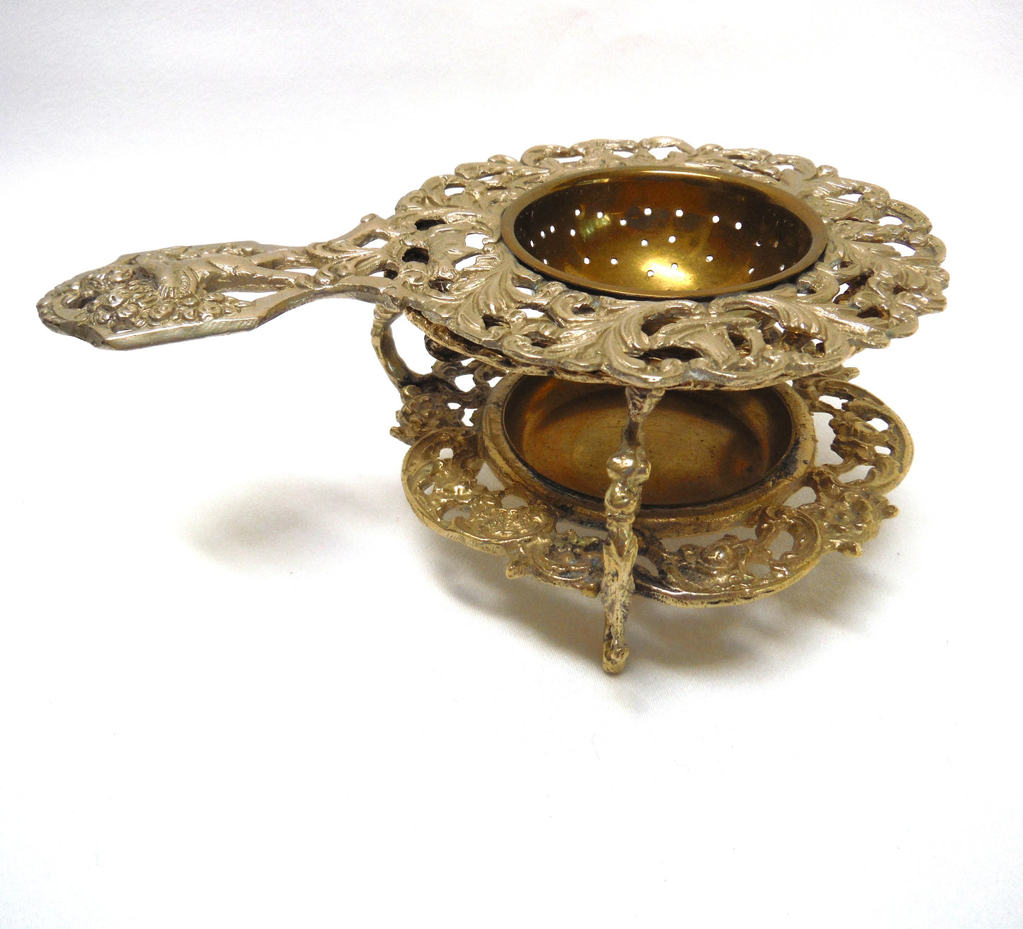 VINTAGE MID-CENTURY METAL LOOSE LEAF TEA STRAINER AND STAND: Ornate Cherube-Style in Stunning Bronze Finish