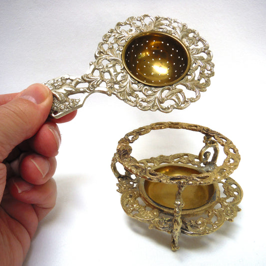 VINTAGE MID-CENTURY METAL LOOSE LEAF TEA STRAINER AND STAND: Ornate Cherube-Style in Stunning Bronze Finish