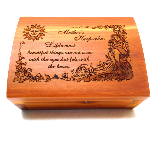 MOTHER'S KEEPSAKES MINIATURE CEDAR CHEST:  Contemporary Hinged-Lid Box w/ Intricate Engraving and Burgundy Velvet Lining