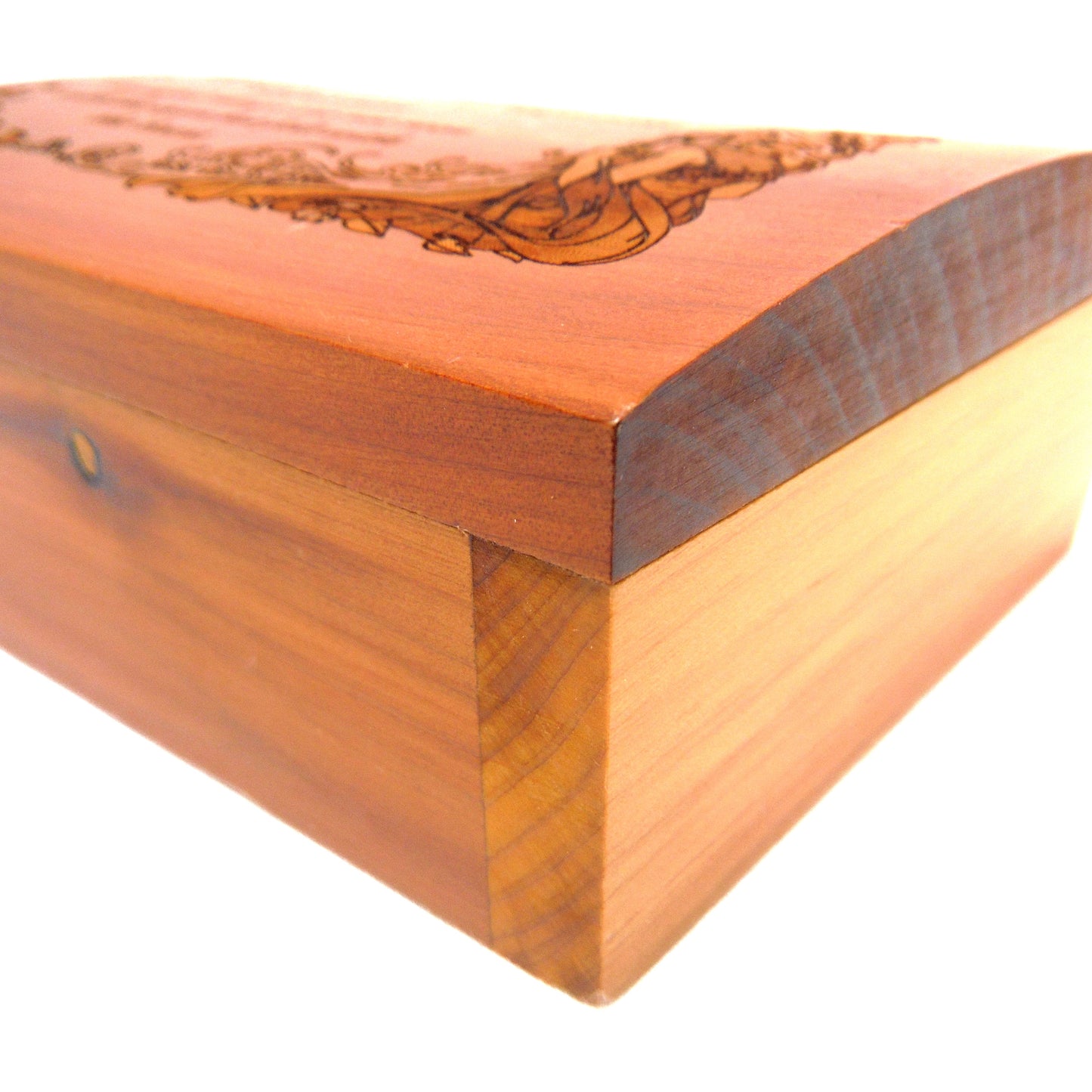 MOTHER'S KEEPSAKES MINIATURE CEDAR CHEST:  Contemporary Hinged-Lid Box w/ Intricate Engraving and Burgundy Velvet Lining