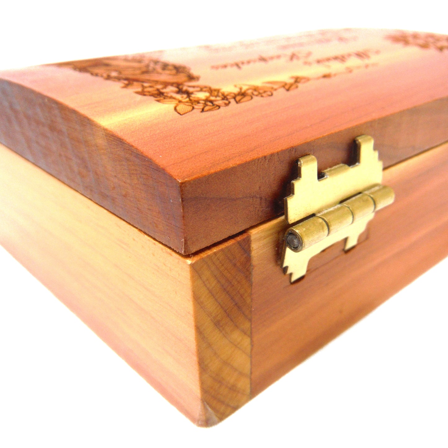 MOTHER'S KEEPSAKES MINIATURE CEDAR CHEST:  Contemporary Hinged-Lid Box w/ Intricate Engraving and Burgundy Velvet Lining