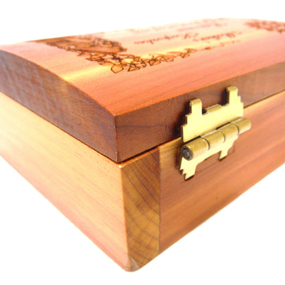 MOTHER'S KEEPSAKES MINIATURE CEDAR CHEST:  Contemporary Hinged-Lid Box w/ Intricate Engraving and Burgundy Velvet Lining