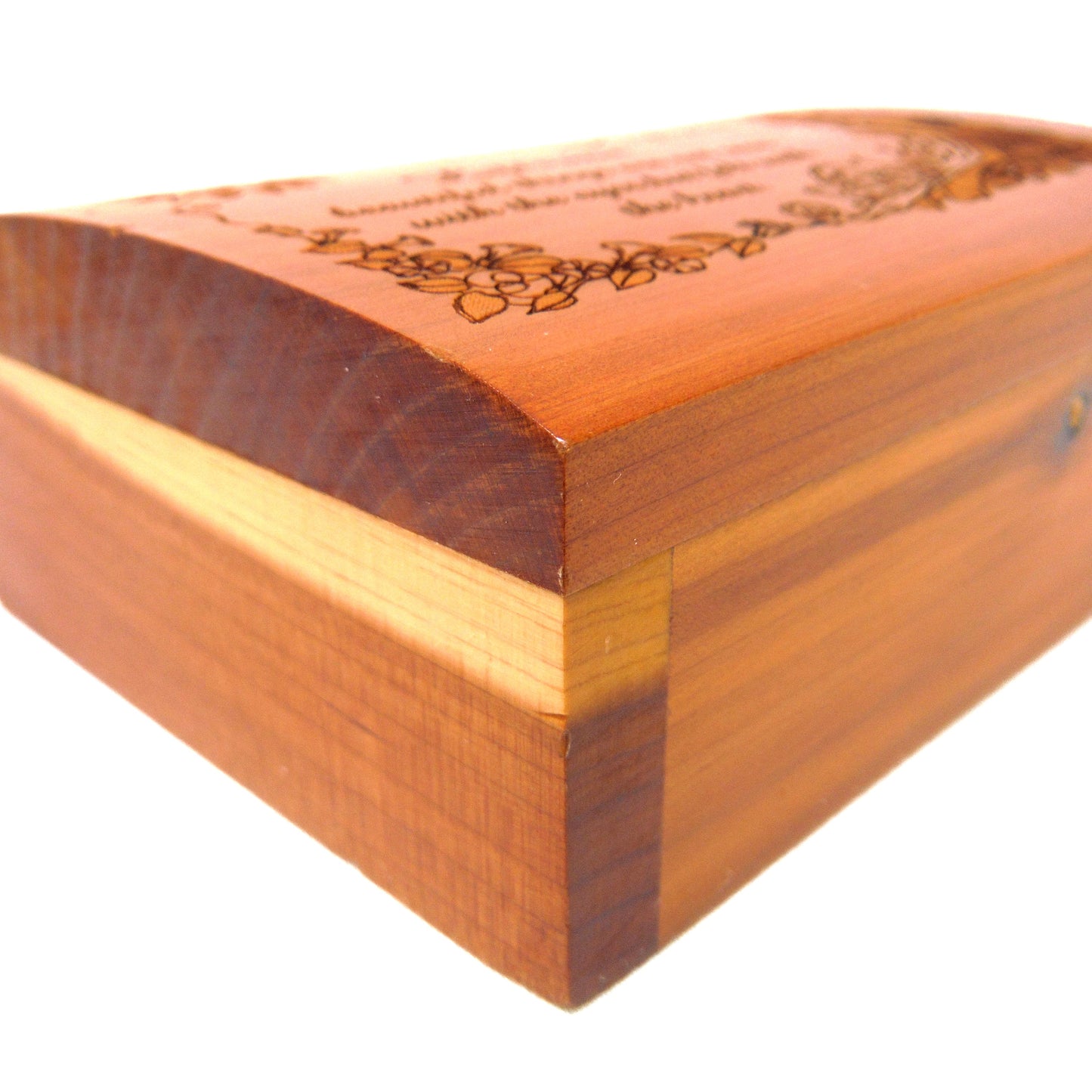 MOTHER'S KEEPSAKES MINIATURE CEDAR CHEST:  Contemporary Hinged-Lid Box w/ Intricate Engraving and Burgundy Velvet Lining