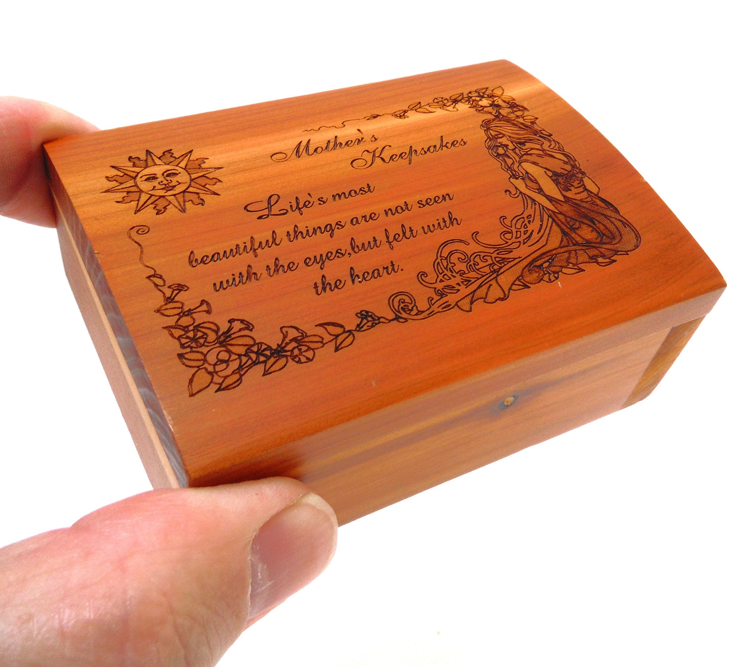 MOTHER'S KEEPSAKES MINIATURE CEDAR CHEST:  Contemporary Hinged-Lid Box w/ Intricate Engraving and Burgundy Velvet Lining