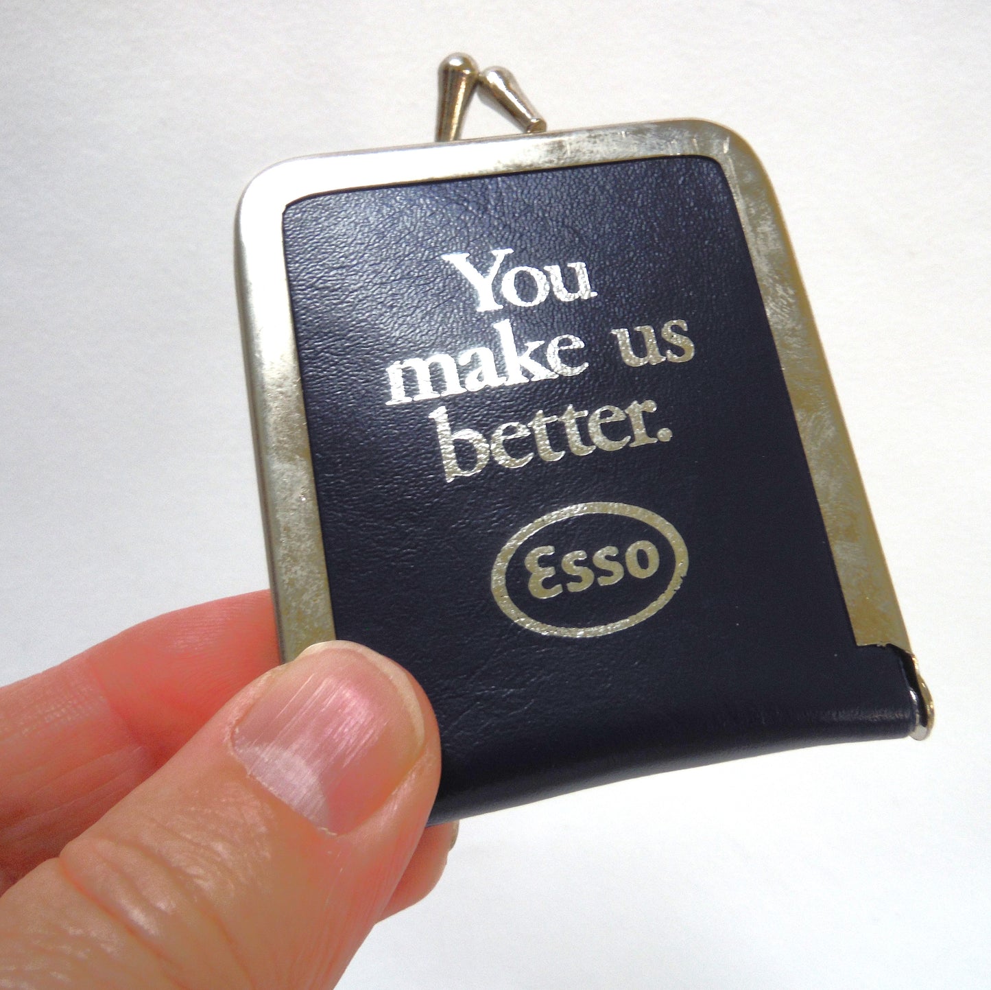 ESSO (Imperial Oil) 1980's Collectible Snap-Closure Travel Pouch Sewing Kit: Blue Leather and Silver Trim Finish w/original contents!