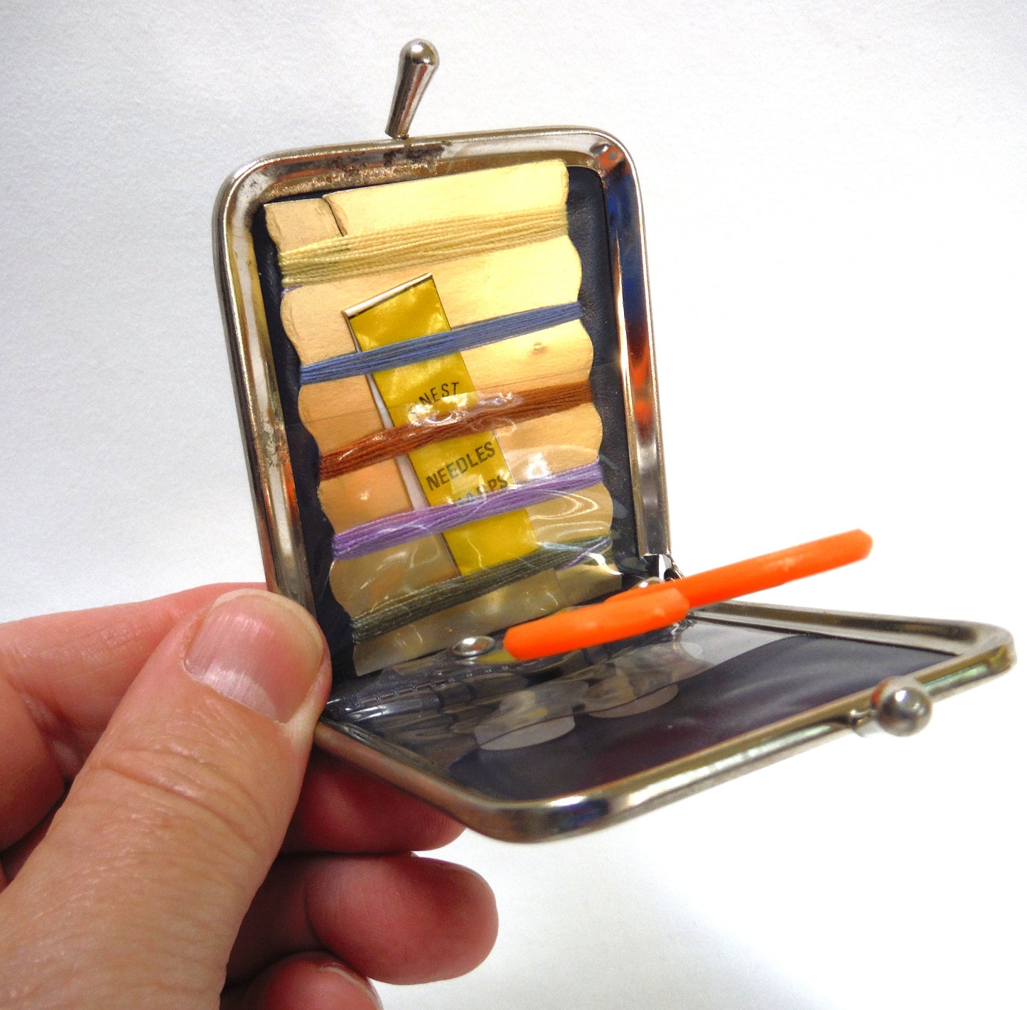 ESSO (Imperial Oil) 1980's Collectible Snap-Closure Travel Pouch Sewing Kit: Blue Leather and Silver Trim Finish w/original contents!