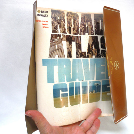 1967 ROAD ATLAS TRAVEL GUIDE by RAND McNALLY (USA, Canada, Mexico) #4228 ROAD MAP in a North American Moving Company Tri-Fold Brown Vinyl Pouch