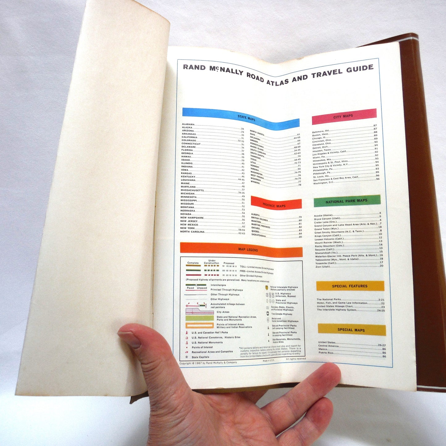 1967 ROAD ATLAS TRAVEL GUIDE by RAND McNALLY (USA, Canada, Mexico) #4228 ROAD MAP in a North American Moving Company Tri-Fold Brown Vinyl Pouch
