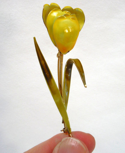 Hand-Made Gold Metal Hand-Painted Unisex Lapel Brooch: THE YELLOW TULIP