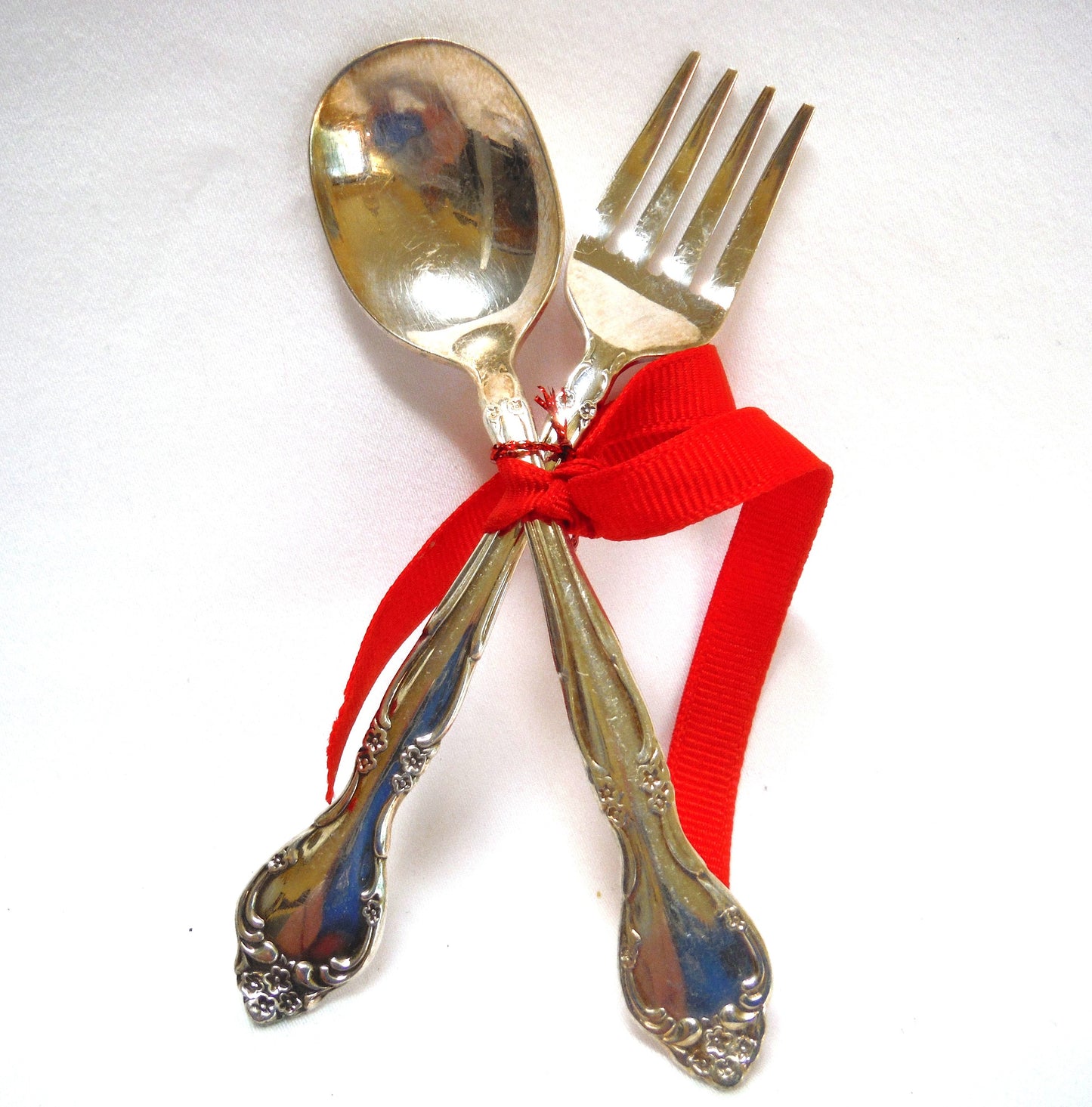 Vintage Pair of Silver Electro-Plated Brass BABY FORK AND SPOON SET: Red Ribbon Tied and Made by Community