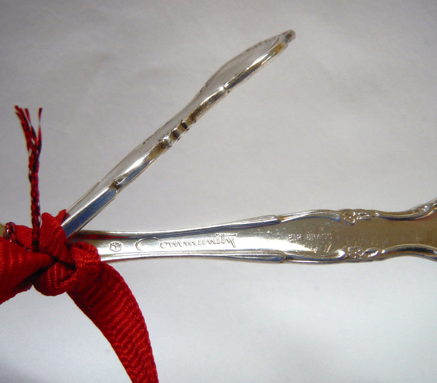Vintage Pair of Silver Electro-Plated Brass BABY FORK AND SPOON SET: Red Ribbon Tied and Made by Community