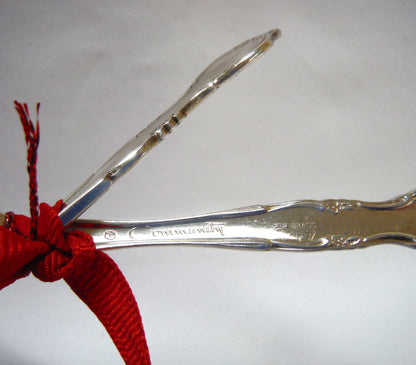 Vintage Pair of Silver Electro-Plated Brass BABY FORK AND SPOON SET: Red Ribbon Tied and Made by Community