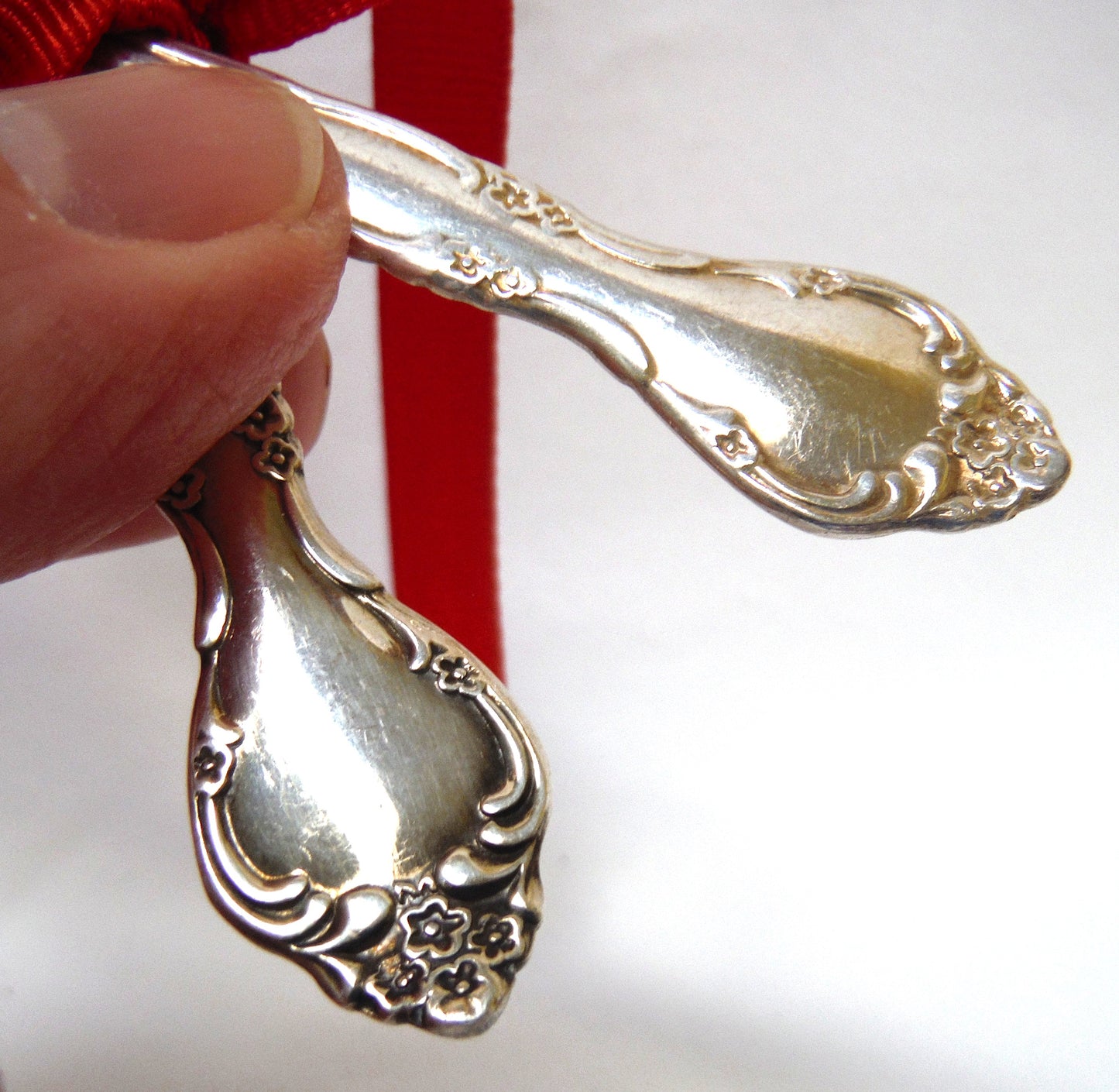Vintage Pair of Silver Electro-Plated Brass BABY FORK AND SPOON SET: Red Ribbon Tied and Made by Community