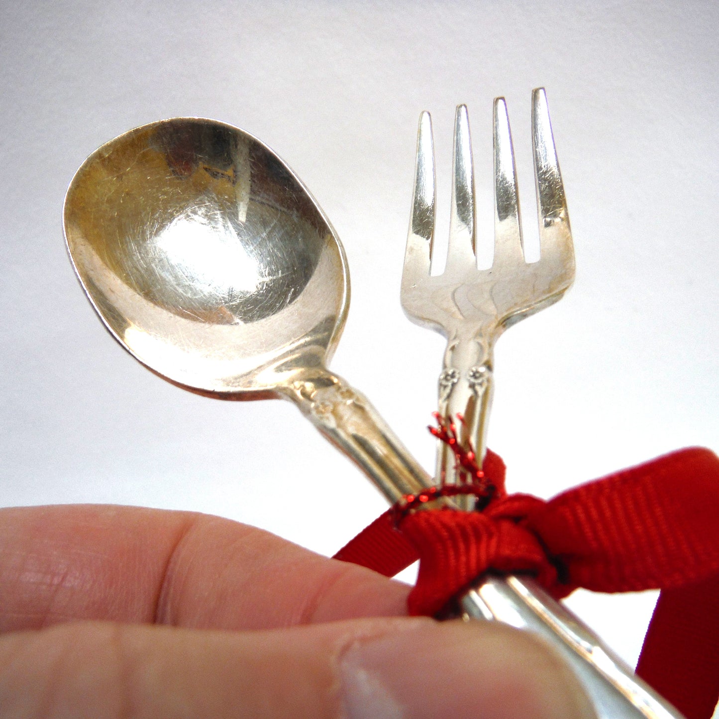 Vintage Pair of Silver Electro-Plated Brass BABY FORK AND SPOON SET: Red Ribbon Tied and Made by Community
