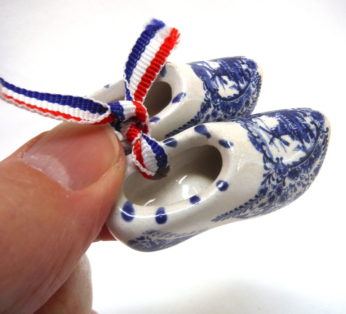 Vintage Hand Painted Delft Blue Miniature PAIR OF DUTCH SHOES ON RIBBON #2
