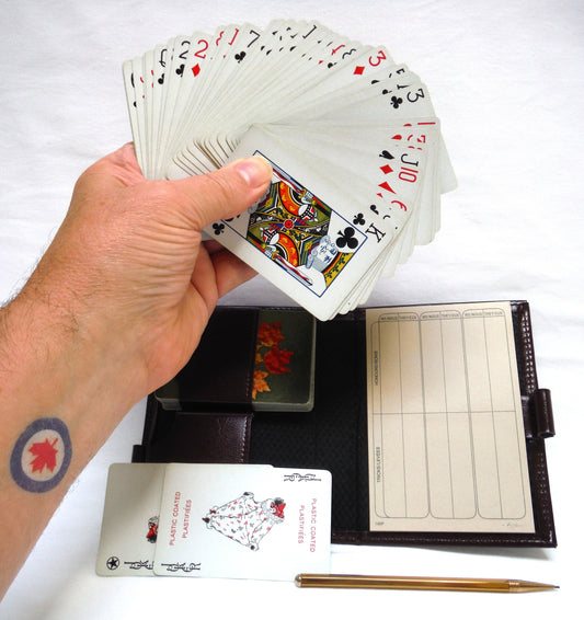 TWO COMPLETE DECKS OF VINTAGE PLAYING CARDS: In Original Vinyl Pouch with Mechanical Pencil, Presented by CANADA WIRE