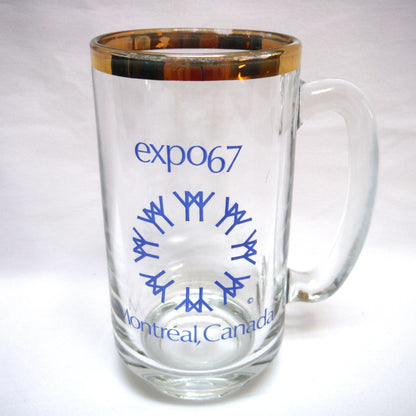 EXPO '67 IMPRINTED MONTREAL CANADA GLASS BEER MUG, Gold-Rimmed, Glass-Handled Stein