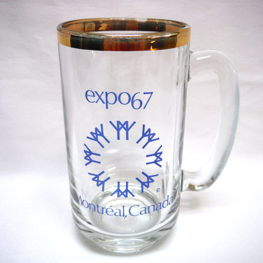 EXPO '67 IMPRINTED MONTREAL CANADA GLASS BEER MUG, Gold-Rimmed, Glass-Handled Stein