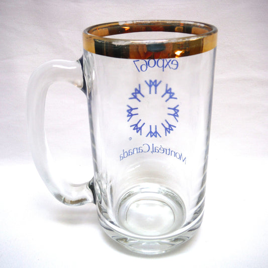 EXPO '67 IMPRINTED MONTREAL CANADA GLASS BEER MUG, Gold-Rimmed, Glass-Handled Stein