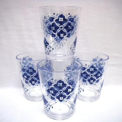 THICK STRONG PLASTIC TALL PLASTIC PATIO GLASSES: Vintage Set of 4 in Blue Flower Design