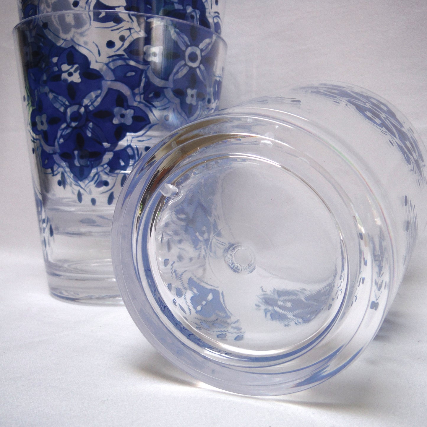 THICK STRONG PLASTIC TALL PLASTIC PATIO GLASSES: Vintage Set of 4 in Blue Flower Design