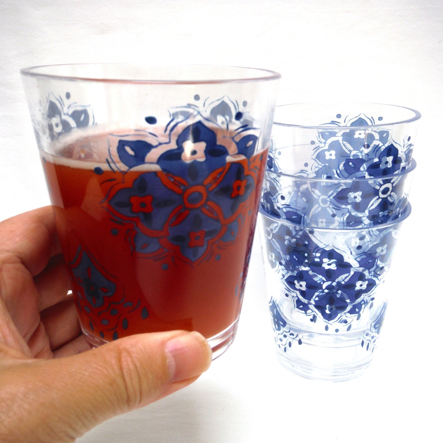 THICK STRONG PLASTIC TALL PLASTIC PATIO GLASSES: Vintage Set of 4 in Blue Flower Design