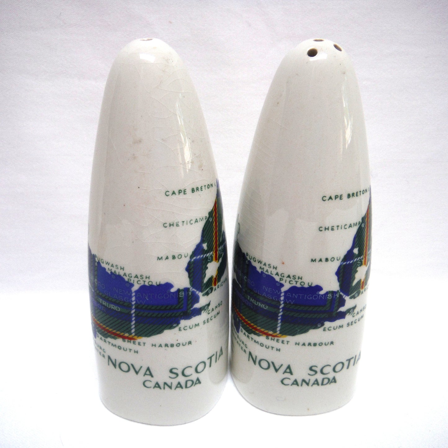 PAIR OF MID-CENTURY NOVA SCOTIA SALT & PEPPER CERAMIC SHAKERS: Featuring the NS Canada Map and Flag Imprint with Original Plugs!