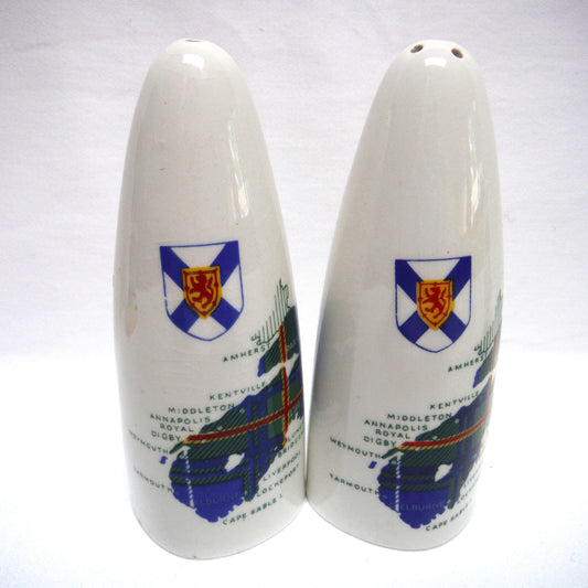PAIR OF MID-CENTURY NOVA SCOTIA SALT & PEPPER CERAMIC SHAKERS: Featuring the NS Canada Map and Flag Imprint with Original Plugs!