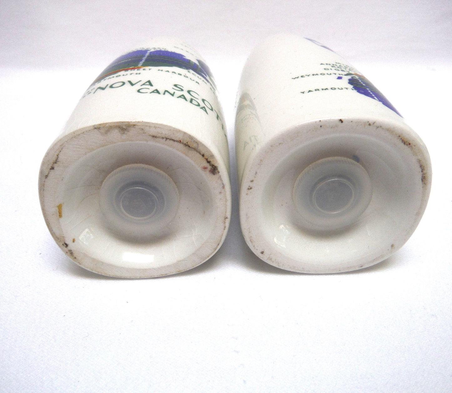 PAIR OF MID-CENTURY NOVA SCOTIA SALT & PEPPER CERAMIC SHAKERS: Featuring the NS Canada Map and Flag Imprint with Original Plugs!