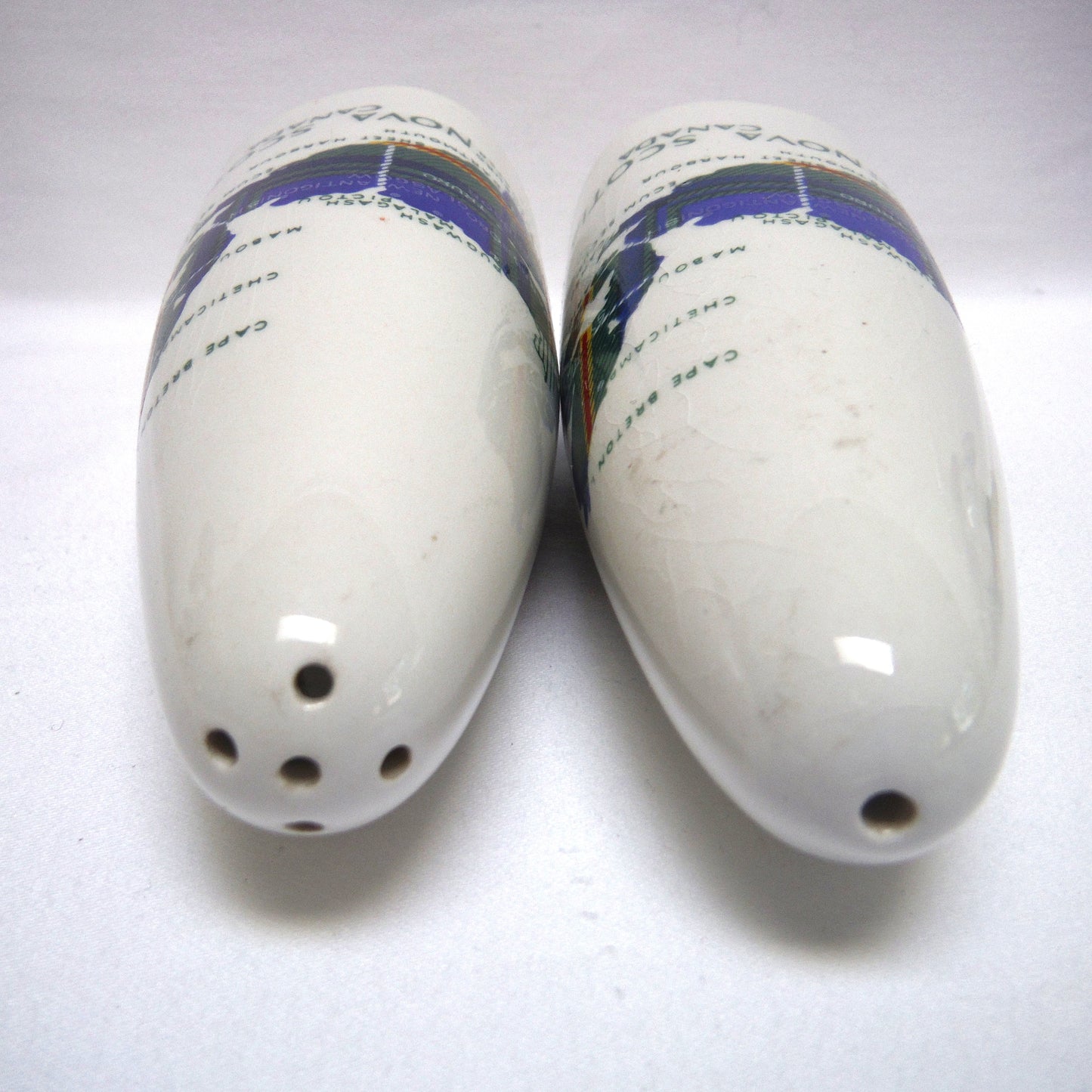 PAIR OF MID-CENTURY NOVA SCOTIA SALT & PEPPER CERAMIC SHAKERS: Featuring the NS Canada Map and Flag Imprint with Original Plugs!