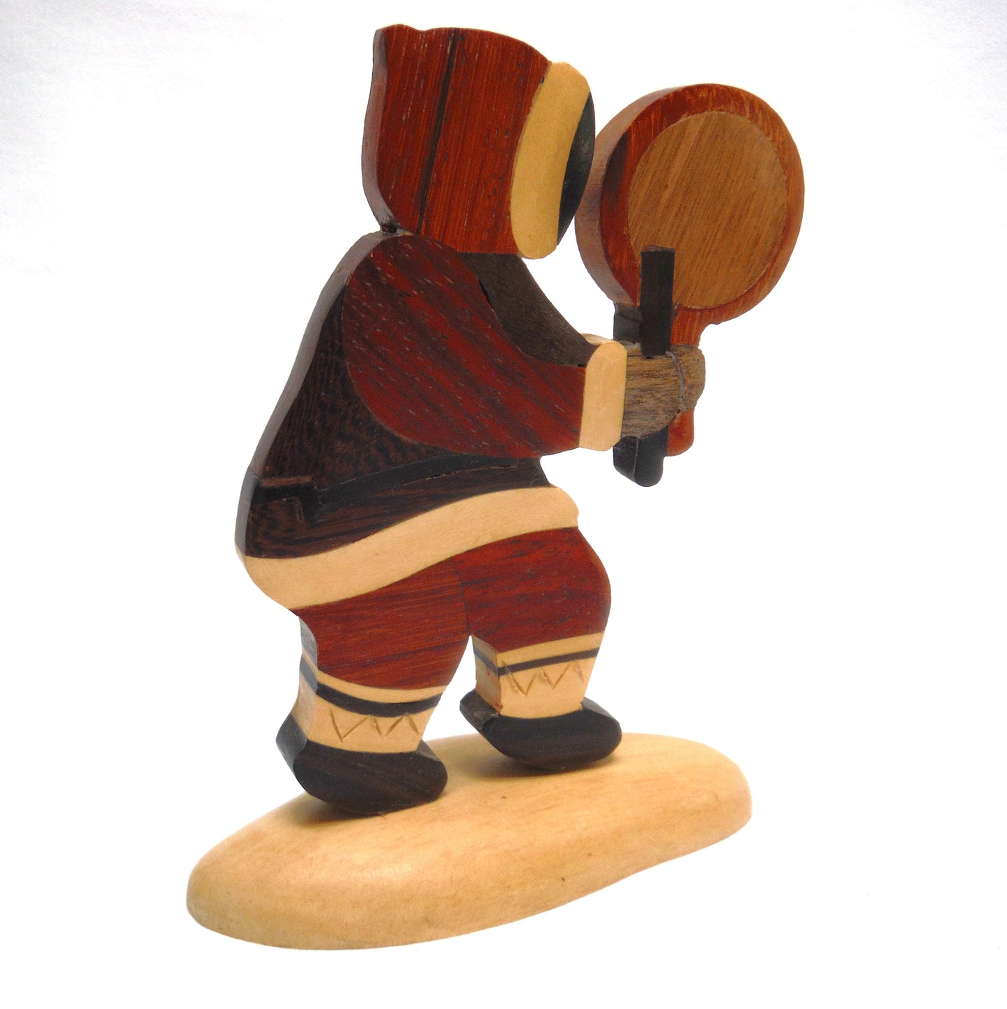 VINTAGE WOODEN STATUE OF INUIT DRUMMER: Hand Made and Carved Multi-Wooden Canadian Mosaic Designed Statuette