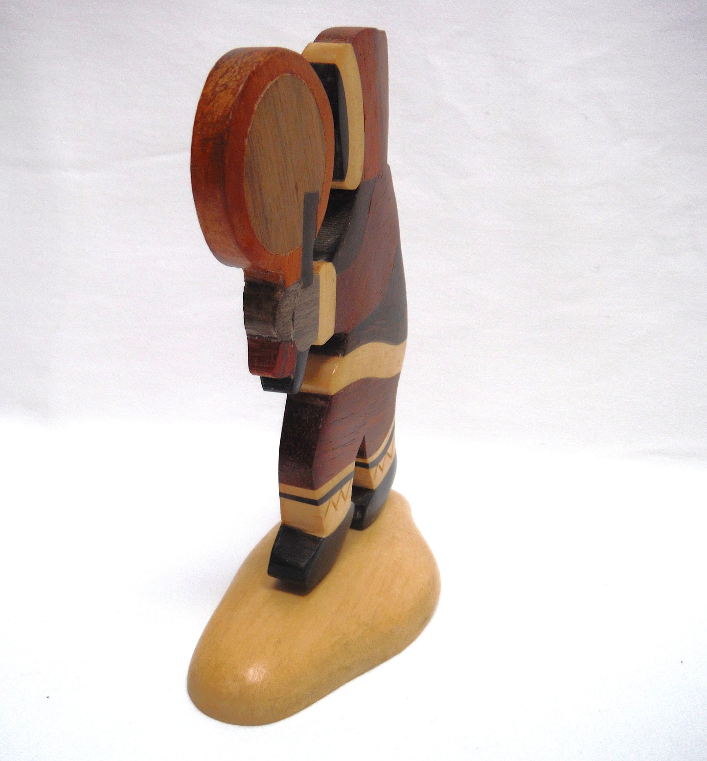 VINTAGE WOODEN STATUE OF INUIT DRUMMER: Hand Made and Carved Multi-Wooden Canadian Mosaic Designed Statuette