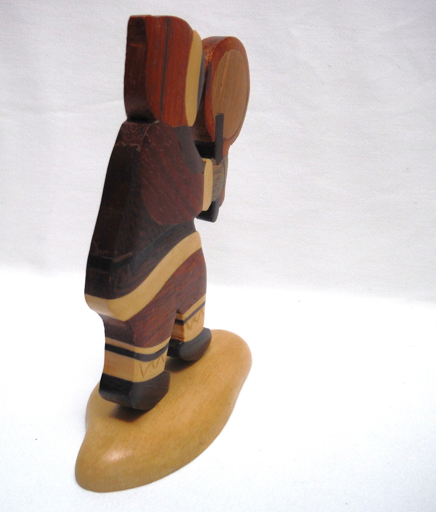 VINTAGE WOODEN STATUE OF INUIT DRUMMER: Hand Made and Carved Multi-Wooden Canadian Mosaic Designed Statuette