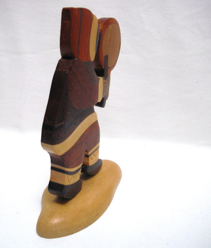 VINTAGE WOODEN STATUE OF INUIT DRUMMER: Hand Made and Carved Multi-Wooden Canadian Mosaic Designed Statuette
