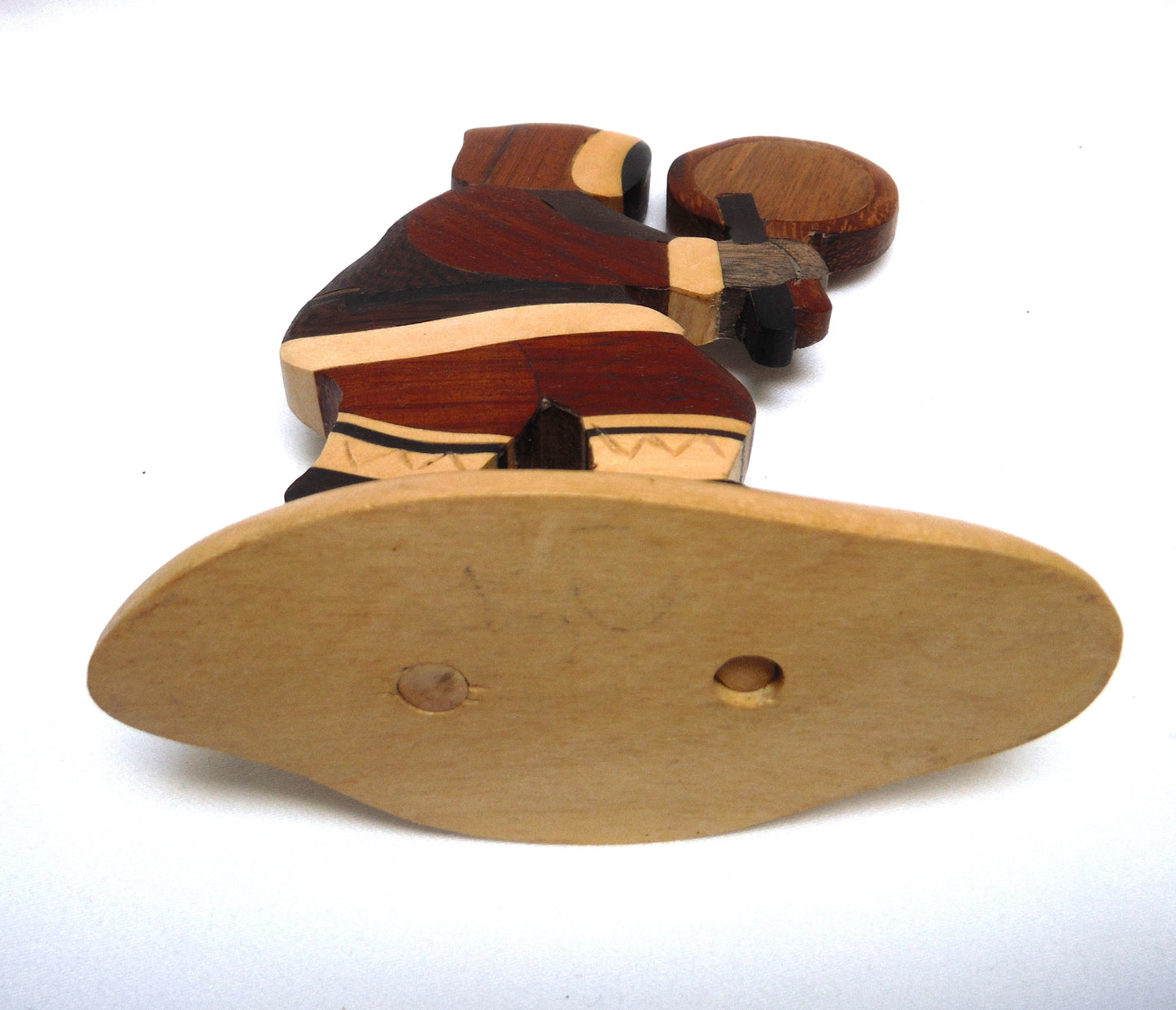 VINTAGE WOODEN STATUE OF INUIT DRUMMER: Hand Made and Carved Multi-Wooden Canadian Mosaic Designed Statuette