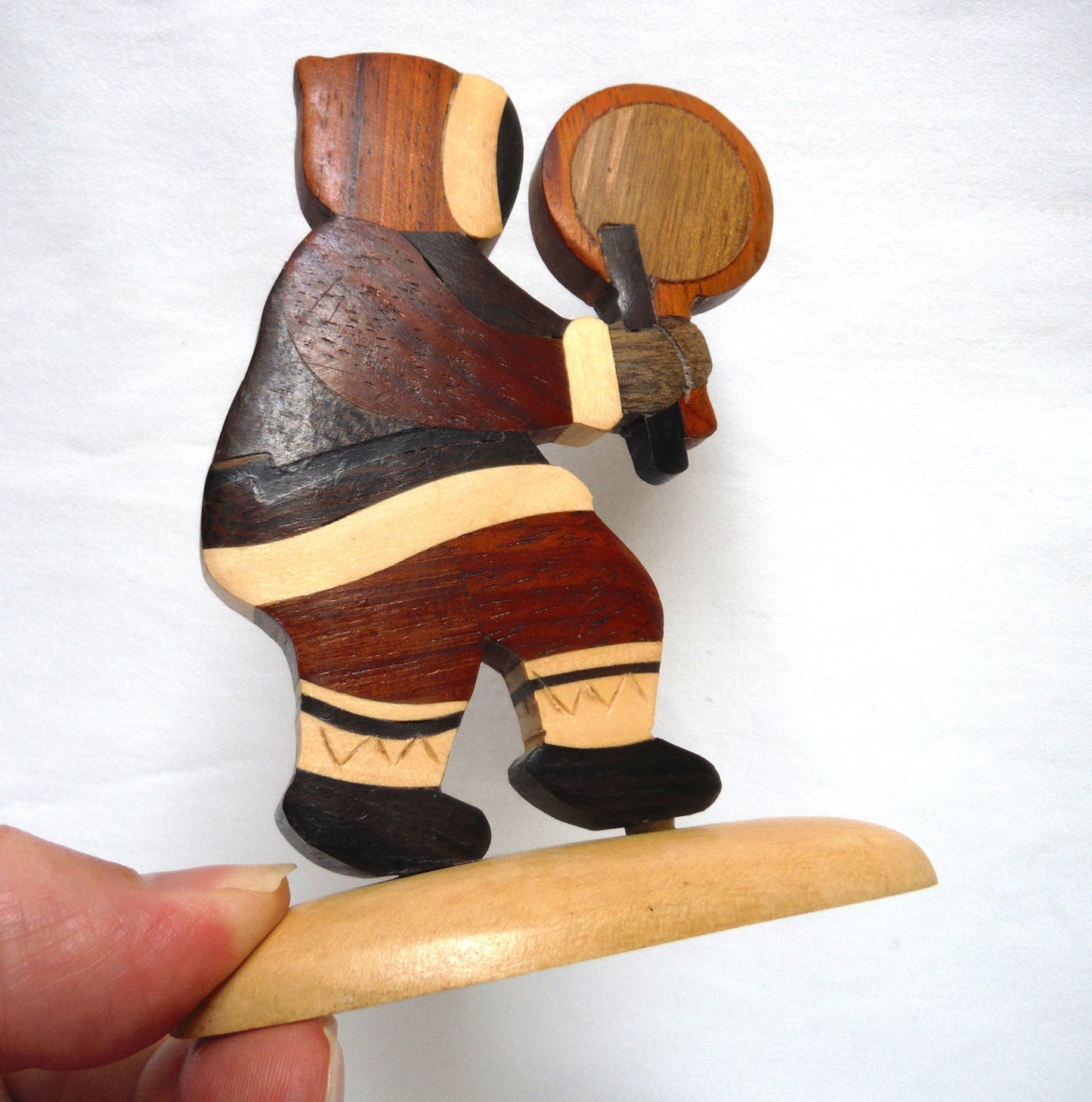 VINTAGE WOODEN STATUE OF INUIT DRUMMER: Hand Made and Carved Multi-Wooden Canadian Mosaic Designed Statuette