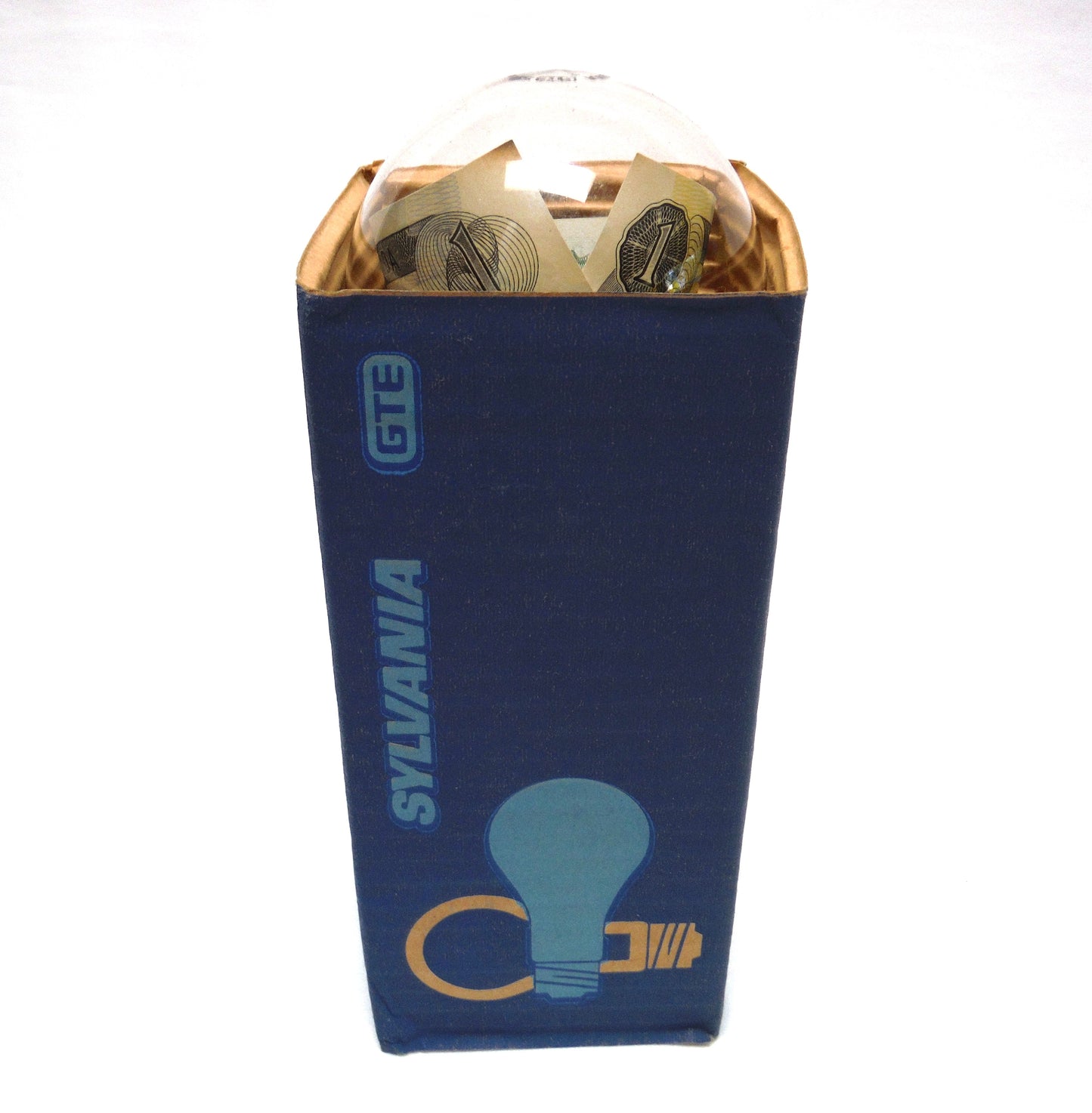 VINTAGE REAL $1 DOLLAR CANADIAN 1973 PAPER BANK NOTE INSIDE A SYLVANIA CLEAR LIGHT BULB!
