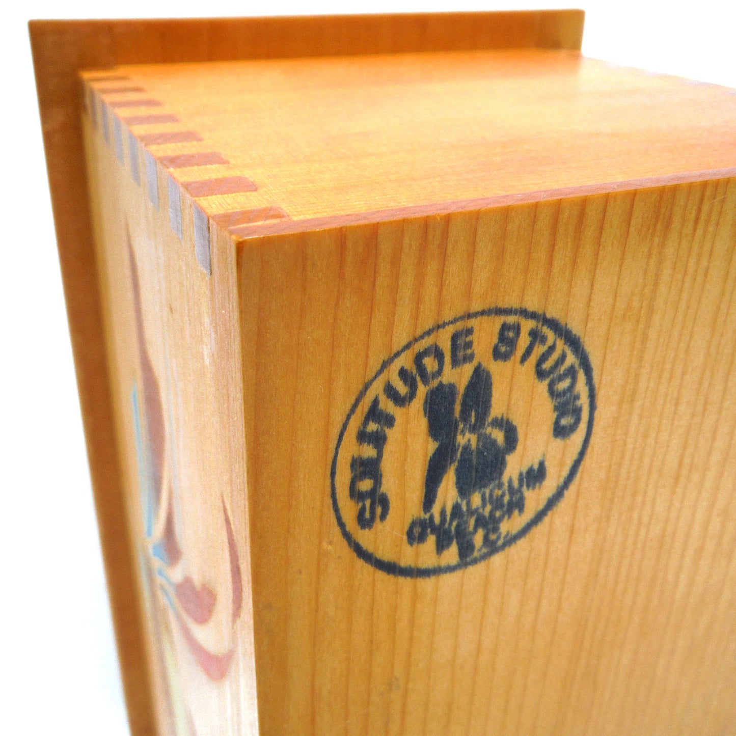 VINTAGE WOODEN DOVE-TAILED  ARTIST BOX WITH LID AND HANDLE: Hand-Made and Hand-Painted by Solitude Studios of Qualicum Beach, Vancouver Island, BC