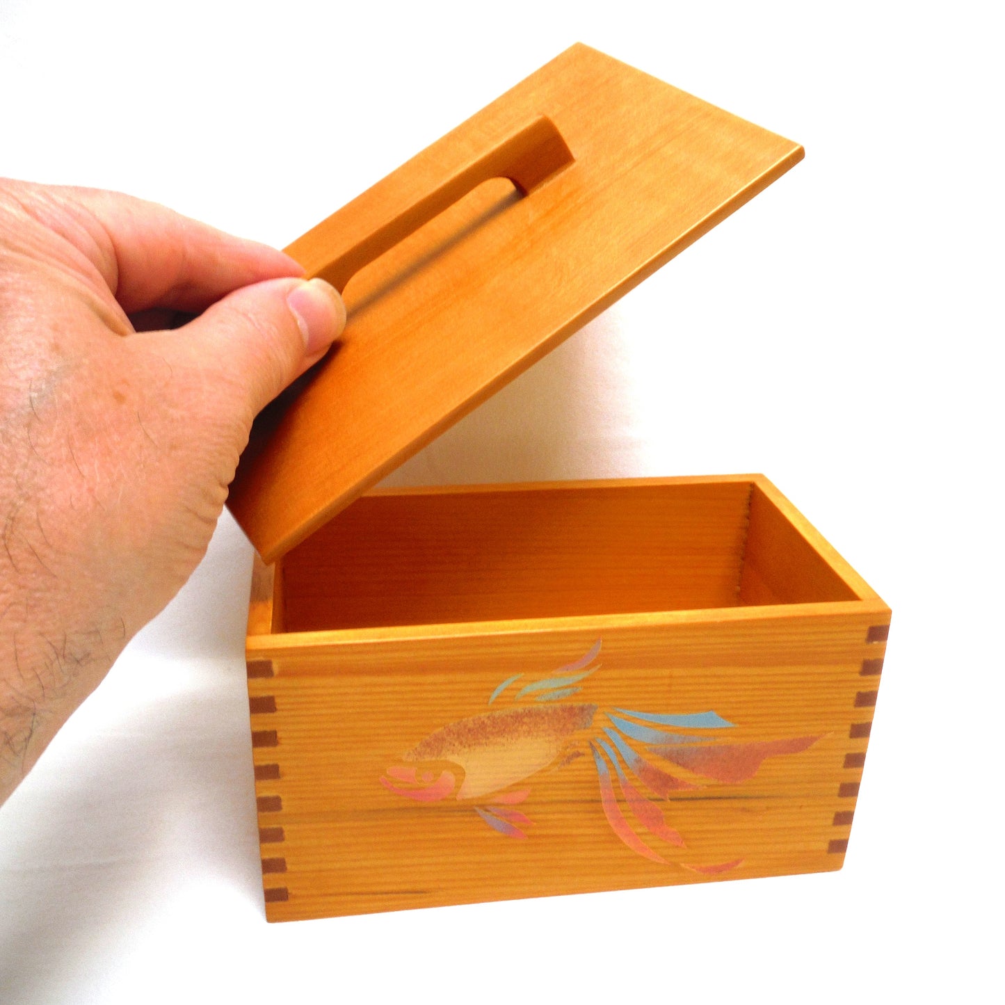 VINTAGE WOODEN DOVE-TAILED  ARTIST BOX WITH LID AND HANDLE: Hand-Made and Hand-Painted by Solitude Studios of Qualicum Beach, Vancouver Island, BC