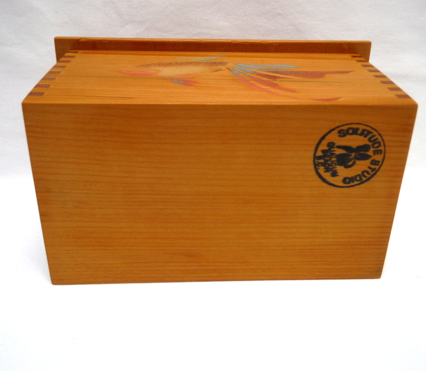VINTAGE WOODEN DOVE-TAILED  ARTIST BOX WITH LID AND HANDLE: Hand-Made and Hand-Painted by Solitude Studios of Qualicum Beach, Vancouver Island, BC