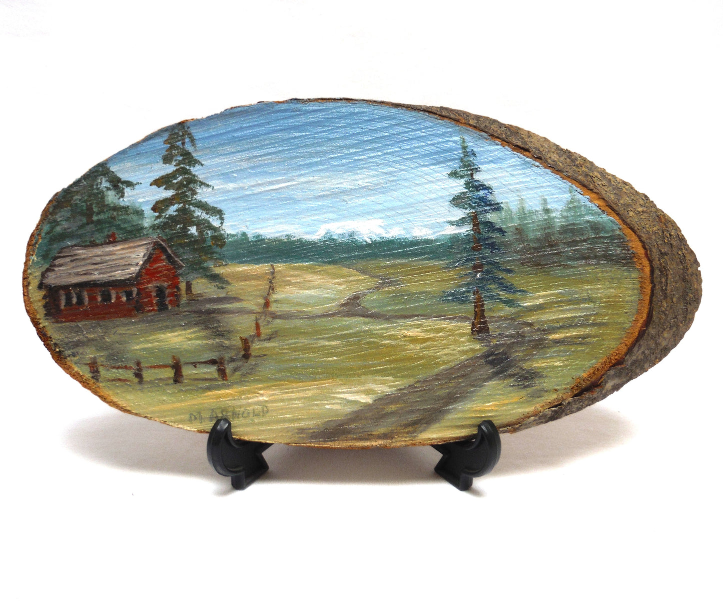 ANTIQUE HAND-PAINTED LIVE-EDGE SLAB OF CANADIAN HARDWOOD: Rustic Western Cabin Scene, Signed by P.I. Arnold