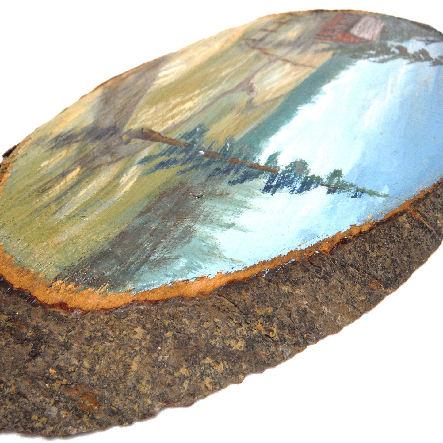 ANTIQUE HAND-PAINTED LIVE-EDGE SLAB OF CANADIAN HARDWOOD: Rustic Western Cabin Scene, Signed by P.I. Arnold