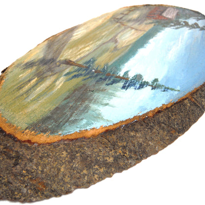 ANTIQUE HAND-PAINTED LIVE-EDGE SLAB OF CANADIAN HARDWOOD: Rustic Western Cabin Scene, Signed by P.I. Arnold