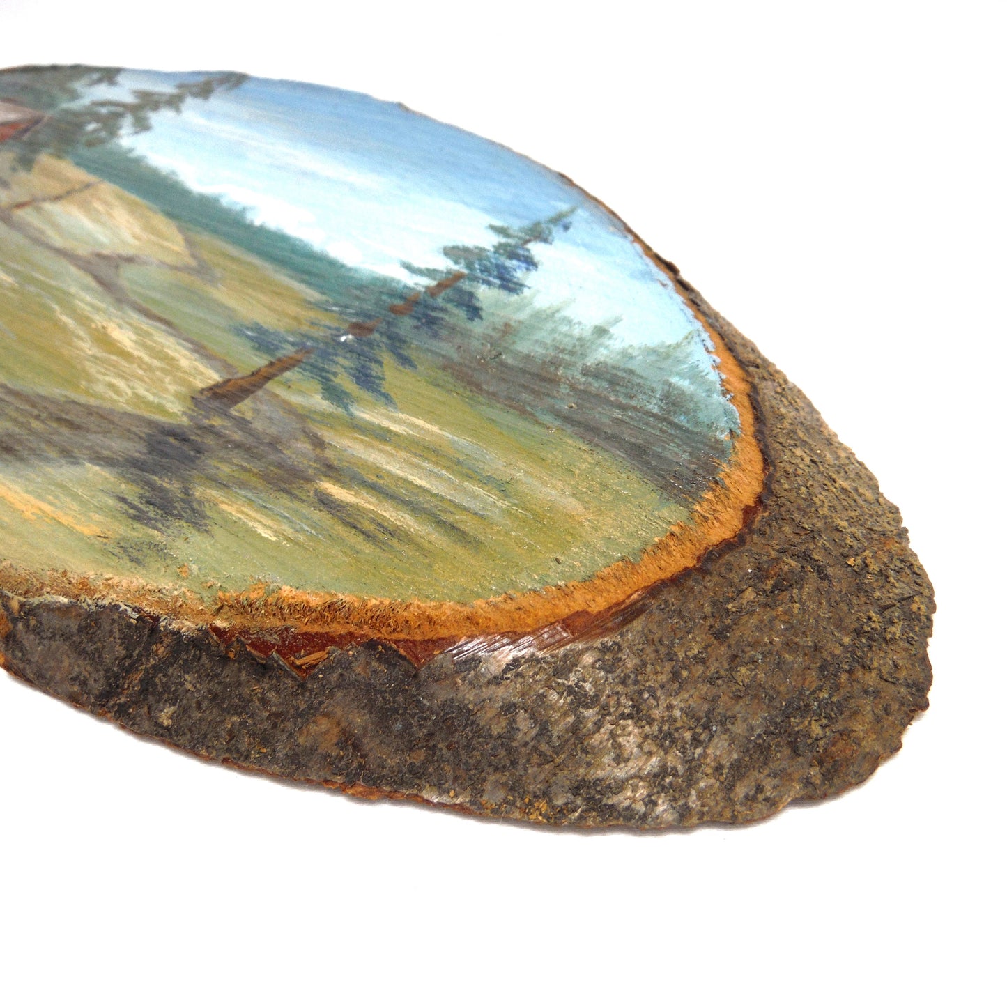 ANTIQUE HAND-PAINTED LIVE-EDGE SLAB OF CANADIAN HARDWOOD: Rustic Western Cabin Scene, Signed by P.I. Arnold